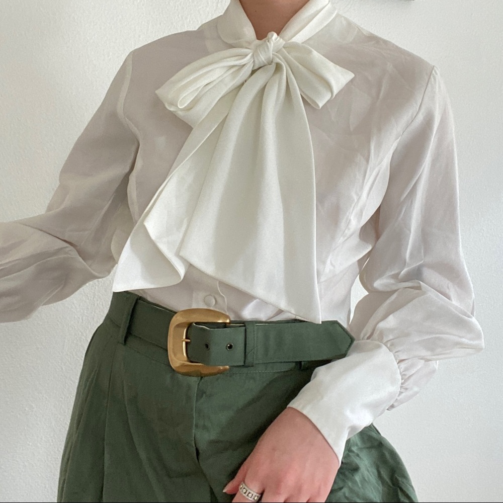 Vintage 60s I. Magnin White Cascade Neck Tie Blouse